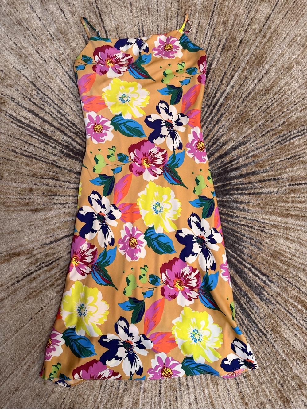 Floral Spaghetti Strap Slip Dress - Mustard Base with Bright Blooms